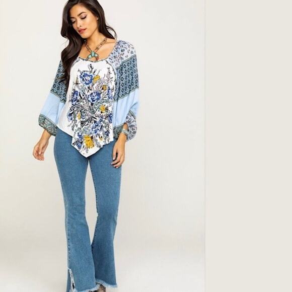 Free People Women's Blue & White Floral Positano Print Blouse Top Size Medium - Picture 1 of 9